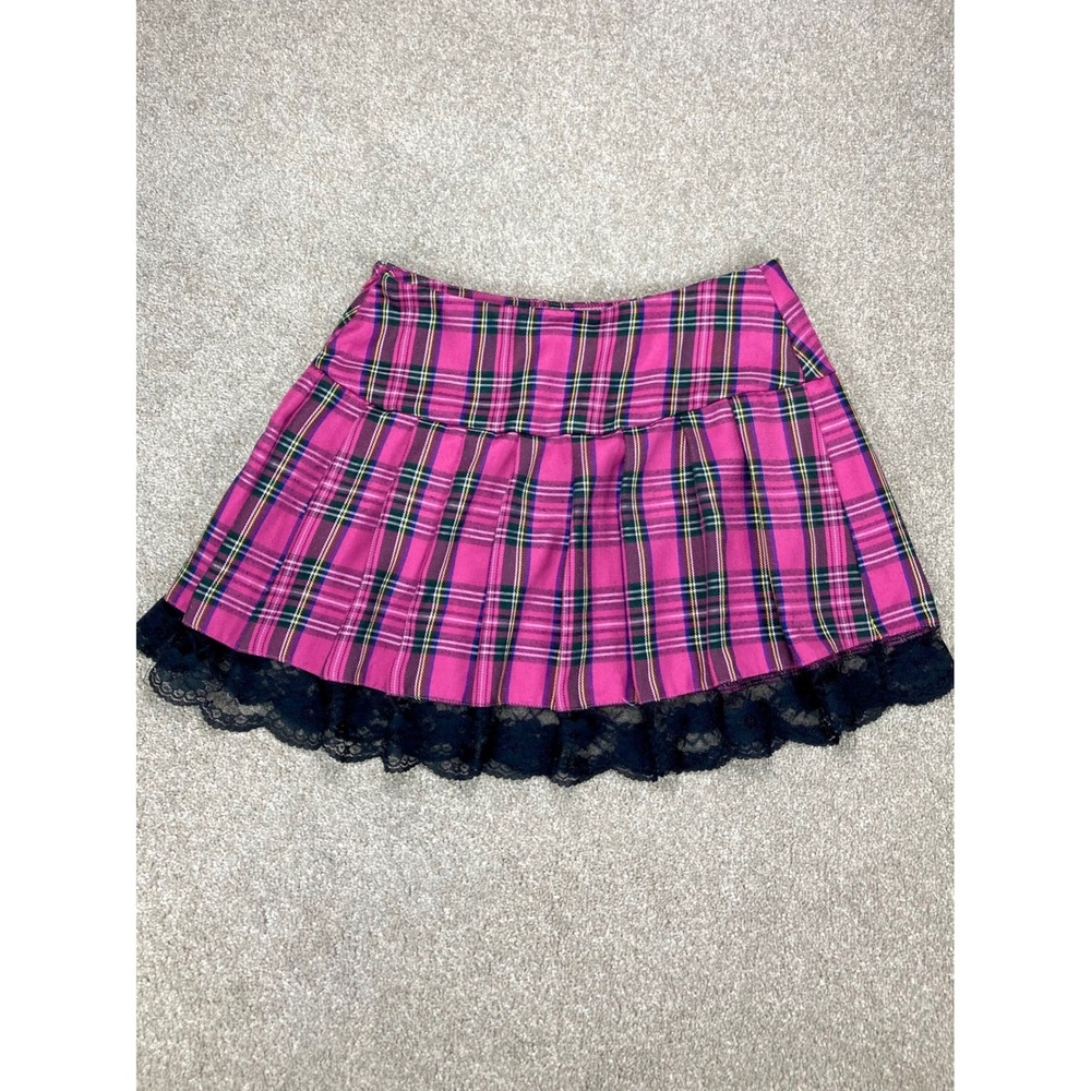Y2K 90s Pleated Twee Academia Mini Skirt Womens Sz S Pink Plaid Lace Trim Kawaii
